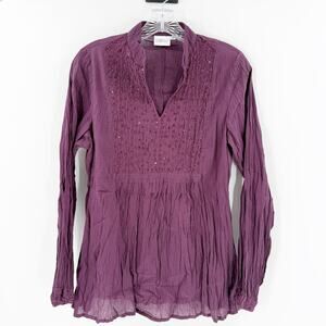 Greater Good Network M Purple Embroidered Boho Peasant Blouse Cotton Tunic Top